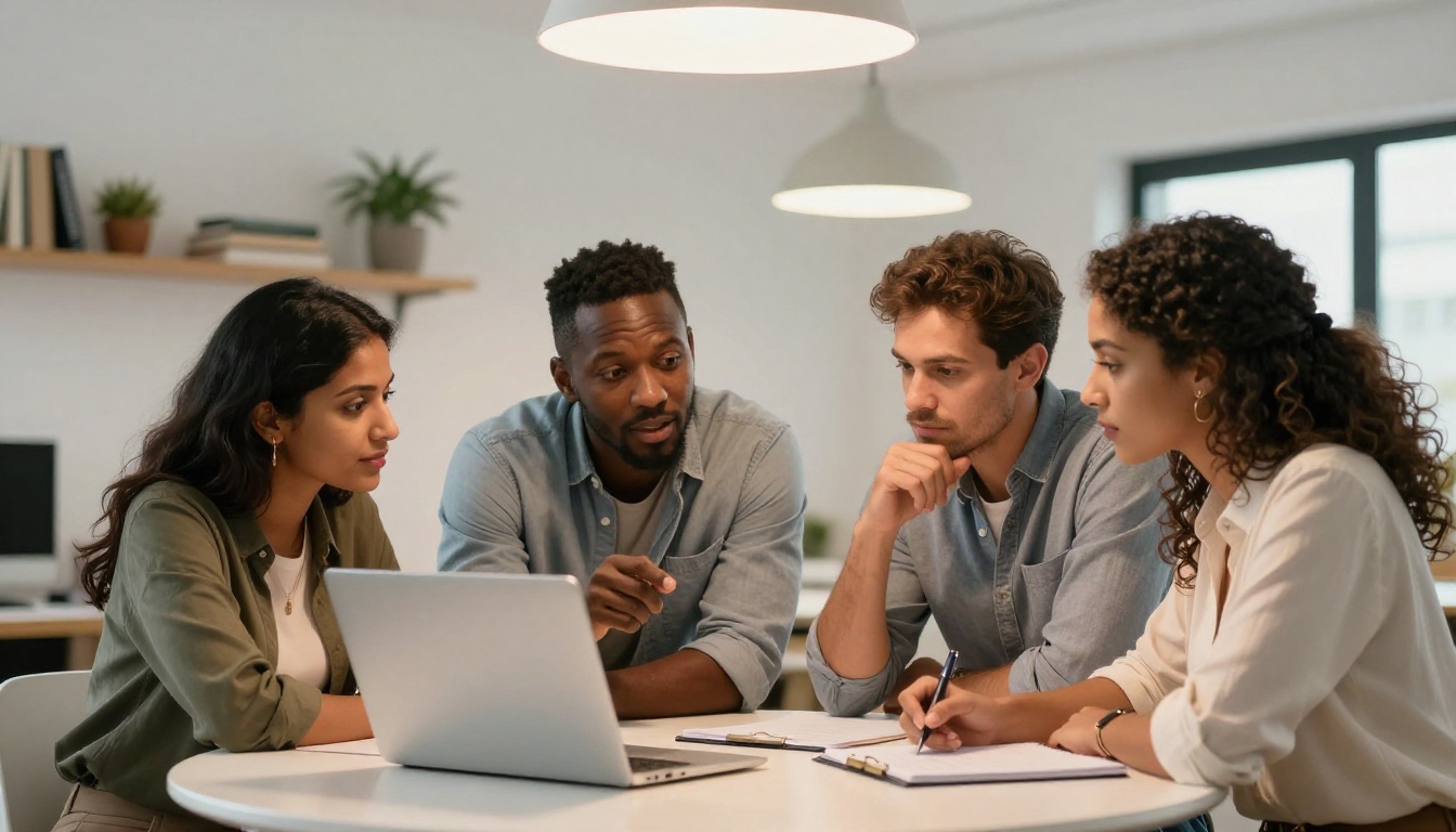 Diverse team collaborating around a table with AI tools Diverse team collaborating around a table with AI tools