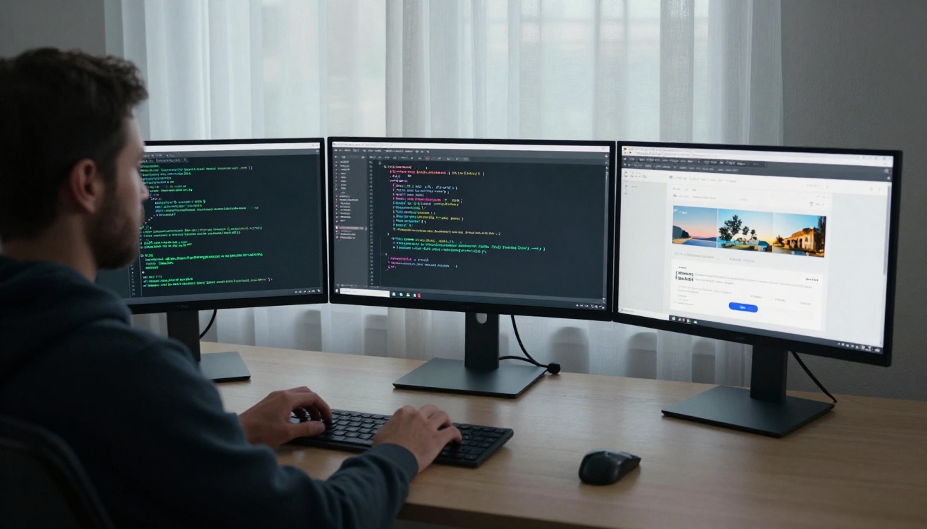 Software developer with multiple monitors and code Software developer with multiple monitors and code