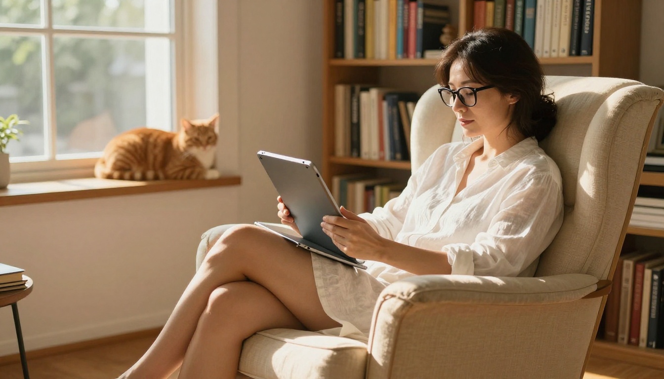 Woman reading AI content on a tablet in a sunny home office Woman reading AI content on a tablet in a sunny home office