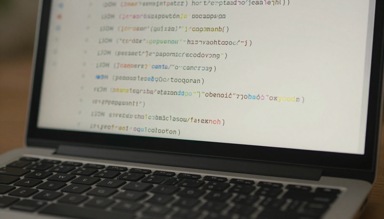 Close-up macro shot of a laptop screen showing clean JSON structured AI output with syntax highlighting and blurred mechanical keyboard in foreground Close-up macro shot of a laptop screen showing clean JSON structured AI output with syntax highlighting and blurred mechanical keyboard in foreground