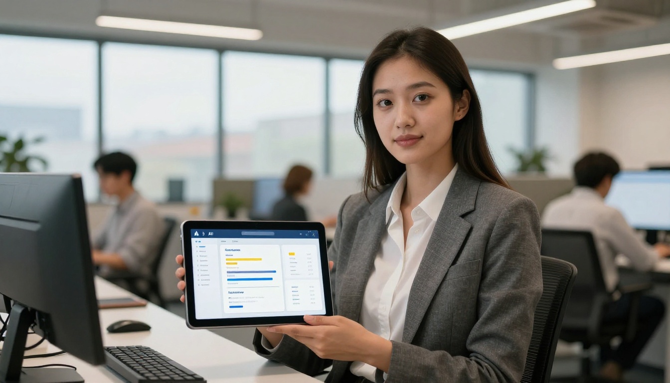 A young woman data scientist sitting in a modern open-plan office, holding a tablet showing a split AI comparison interface, soft overcast daylight from industrial windows A young woman data scientist sitting in a modern open-plan office, holding a tablet showing a split AI comparison interface, soft overcast daylight from industrial windows