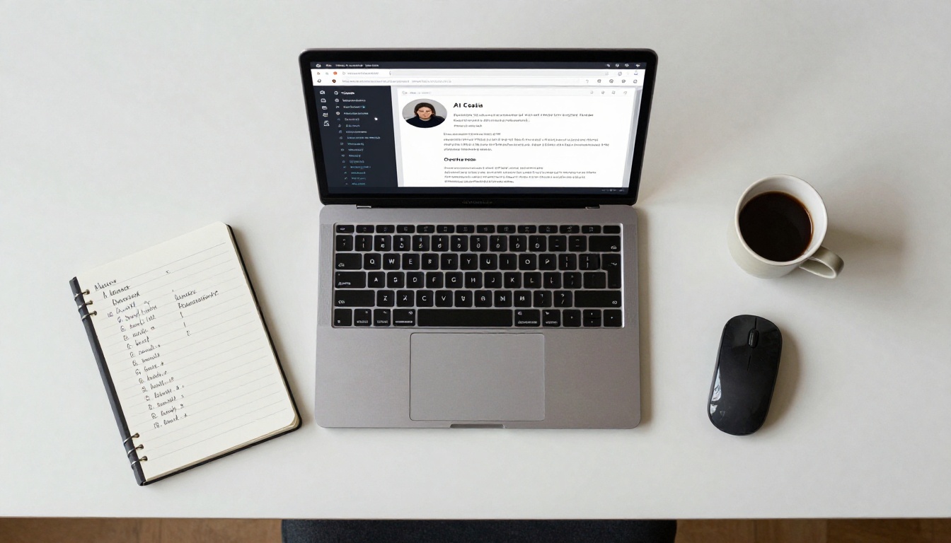 Aerial overhead flat lay of a minimalist developer workspace with laptop, handwritten comparison notebook, ceramic espresso cup, and wireless mouse on white marble Aerial overhead flat lay of a minimalist developer workspace with laptop, handwritten comparison notebook, ceramic espresso cup, and wireless mouse on white marble