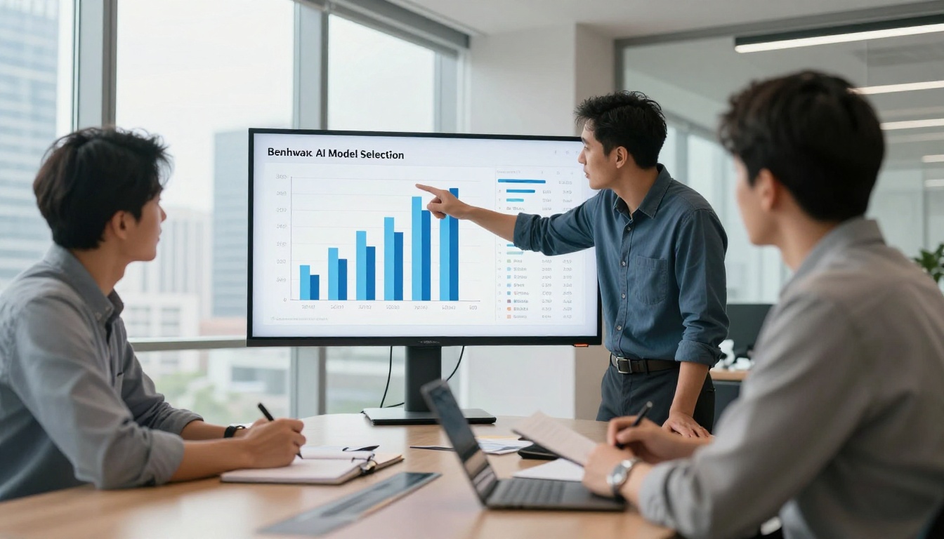 Two professionals in a bright contemporary boardroom, one pointing at a projected benchmark comparison chart with bar graphs and performance metrics, natural daylight from left Two professionals in a bright contemporary boardroom, one pointing at a projected benchmark comparison chart with bar graphs and performance metrics, natural daylight from left
