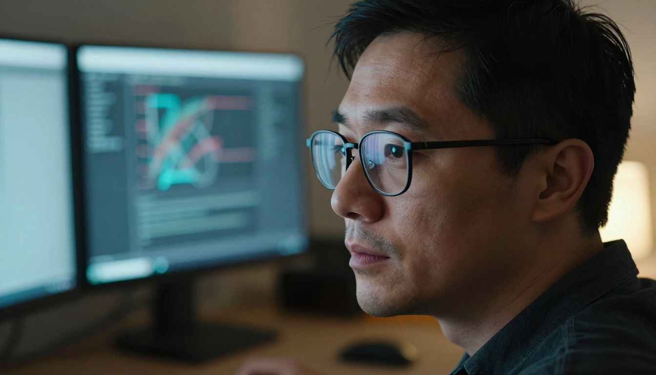 Close-up portrait of a male software engineer with glasses looking thoughtfully at a monitor, face lit by cool screen glow mixed with warm desk lamp on the right, 85mm portrait lens bokeh Close-up portrait of a male software engineer with glasses looking thoughtfully at a monitor, face lit by cool screen glow mixed with warm desk lamp on the right, 85mm portrait lens bokeh