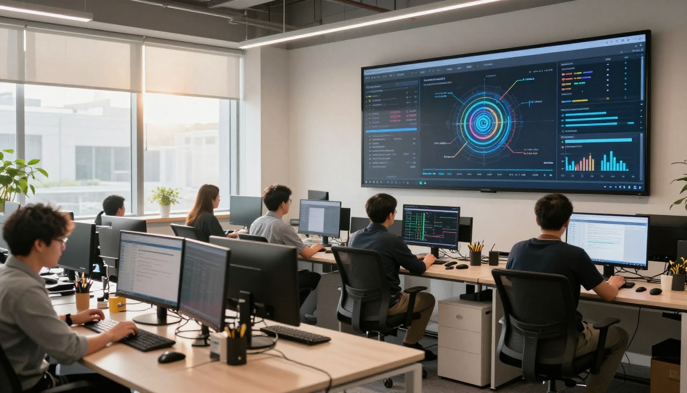Wide shot of a modern tech startup office at mid-morning, developers at workstations with an AI model dashboard on a large wall-mounted display, warm natural light from skylights Wide shot of a modern tech startup office at mid-morning, developers at workstations with an AI model dashboard on a large wall-mounted display, warm natural light from skylights