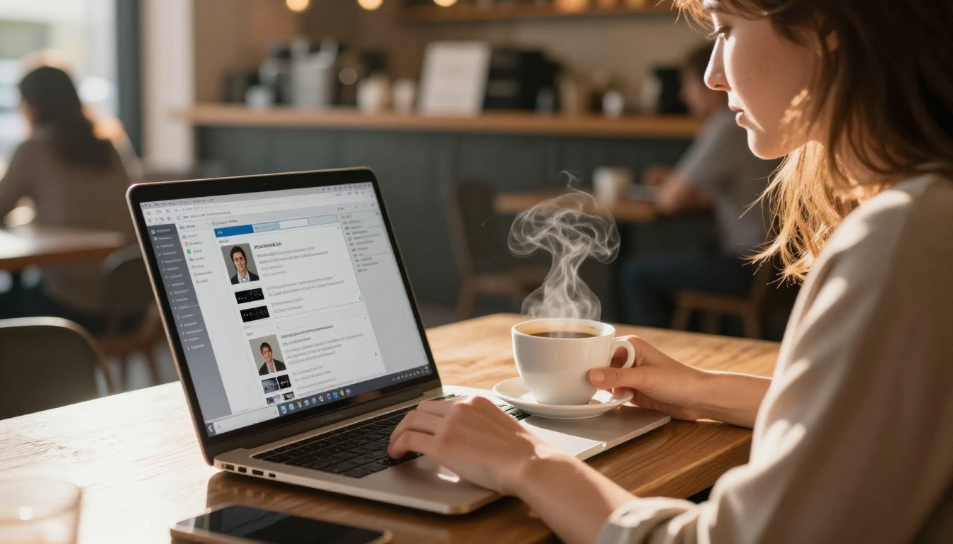 A woman freelance developer working from a cozy cafe, laptop open showing an AI model selection interface, warm golden afternoon sunlight from a cafe window, steaming coffee cup in foreground A woman freelance developer working from a cozy cafe, laptop open showing an AI model selection interface, warm golden afternoon sunlight from a cafe window, steaming coffee cup in foreground