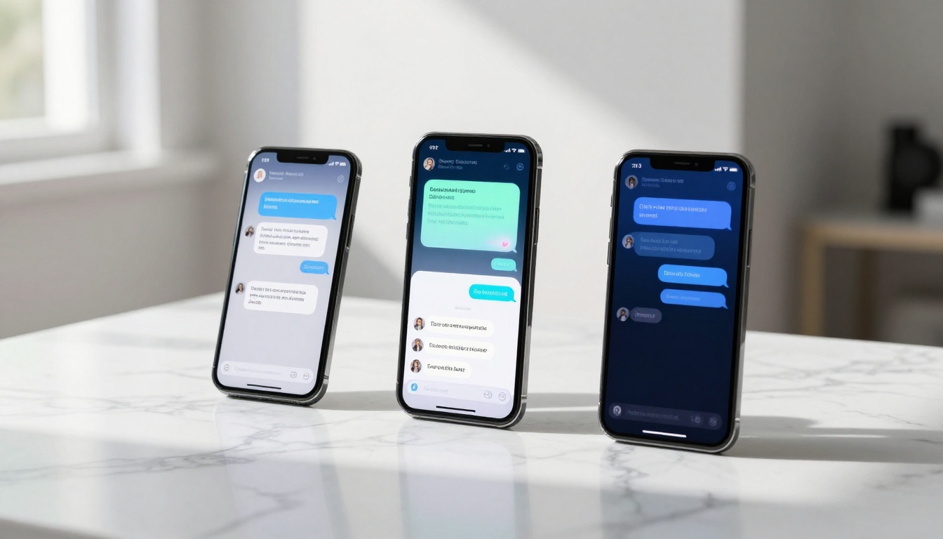 Three AI chat interfaces on smartphones displayed on a marble surface under natural light