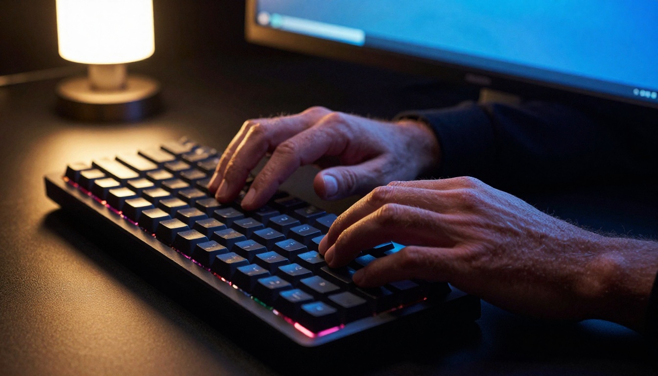 Developer hands typing on mechanical keyboard with dramatic directional lamp light and screen glow