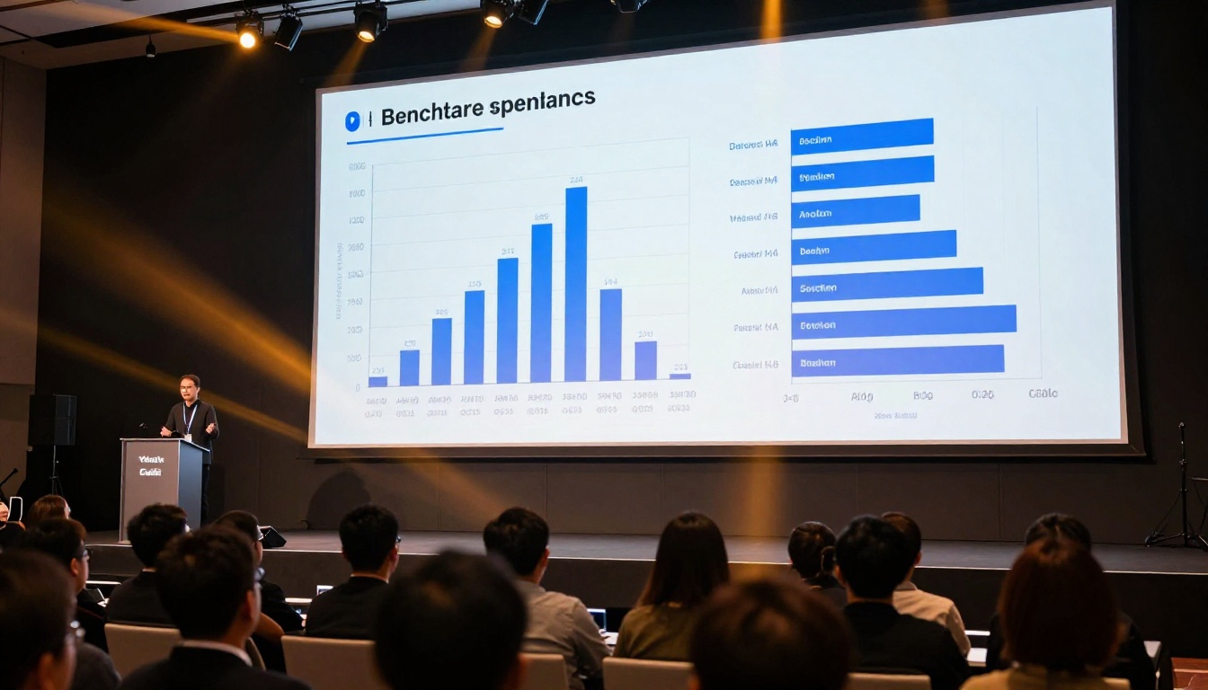Tech conference presentation stage showing benchmark comparison charts with packed audience