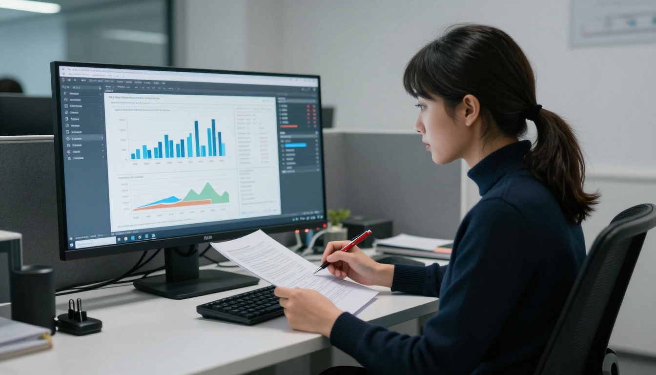 A female data scientist analyzing AI agent performance metrics on a large monitor