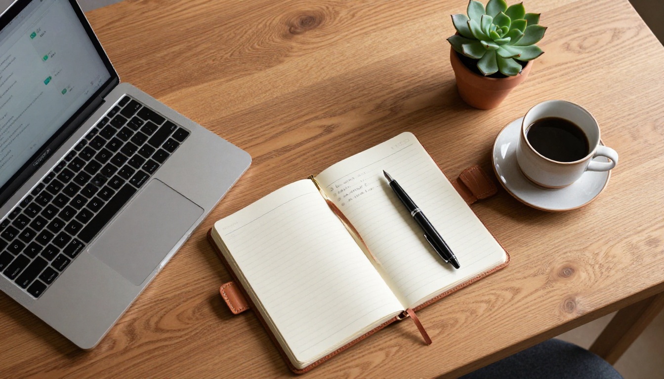 Overhead flat-lay of a laptop, leather notebook, and coffee mug on an oak desk