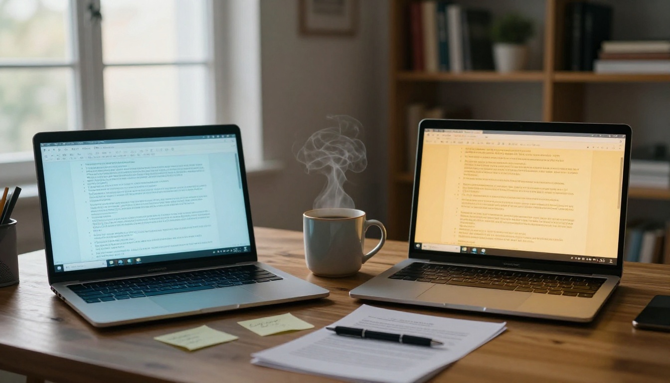 Two laptops side by side on an oak desk, screens glowing with text Two laptops side by side on an oak desk, screens glowing with text