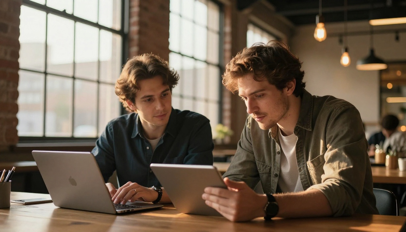 Two professionals comparing AI outputs on tablets in a co-working space with golden hour light