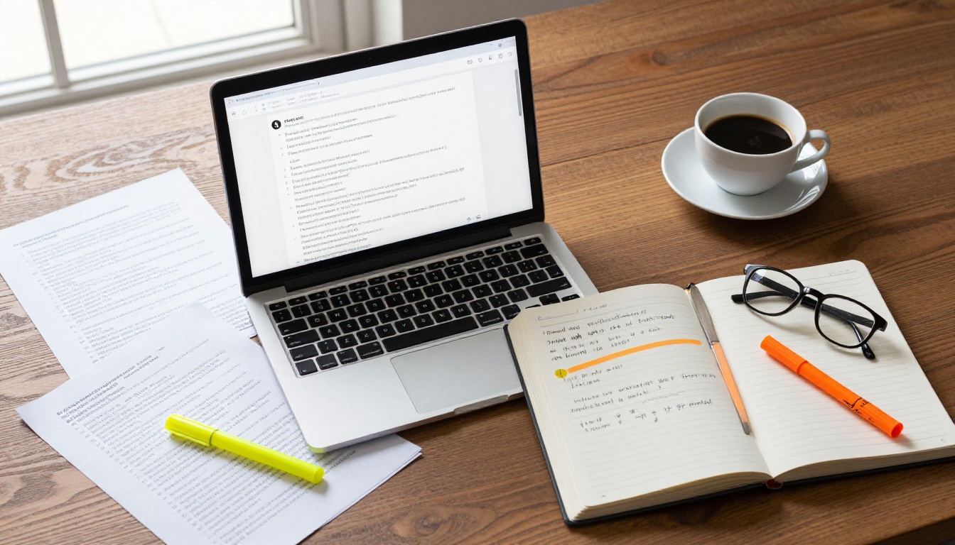 Research papers, highlighted notes, and a laptop displaying an AI interface laid out on a wooden desk in natural light Research papers, highlighted notes, and a laptop displaying an AI interface laid out on a wooden desk in natural light