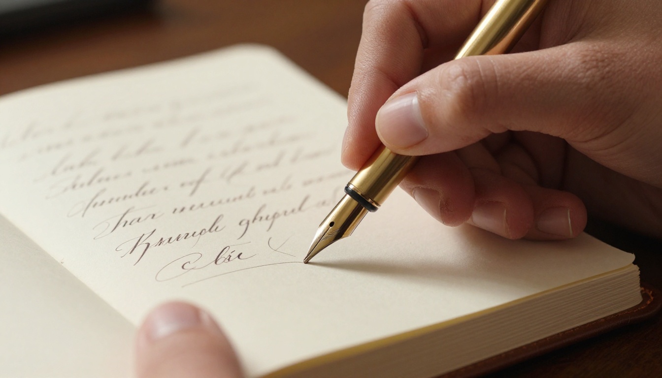 Close-up of a hand writing in a leather journal with a gold fountain pen Close-up of a hand writing in a leather journal with a gold fountain pen