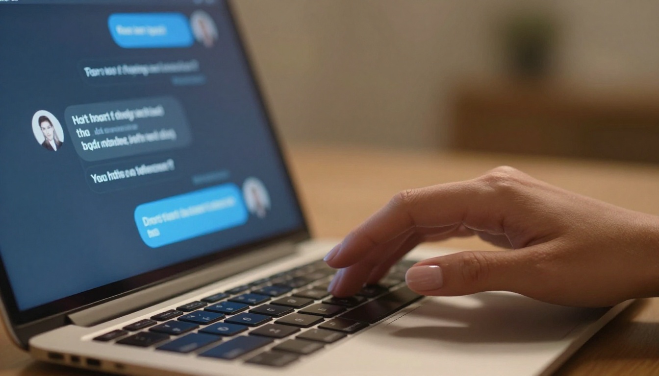 AI chat interface with manicured fingers hovering over keyboard in warm side lighting