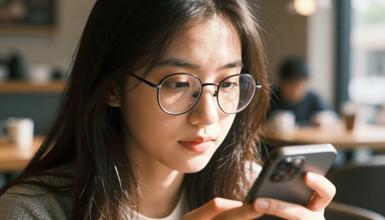 Young woman with glasses reading AI responses on a smartphone in a warm coffee shop