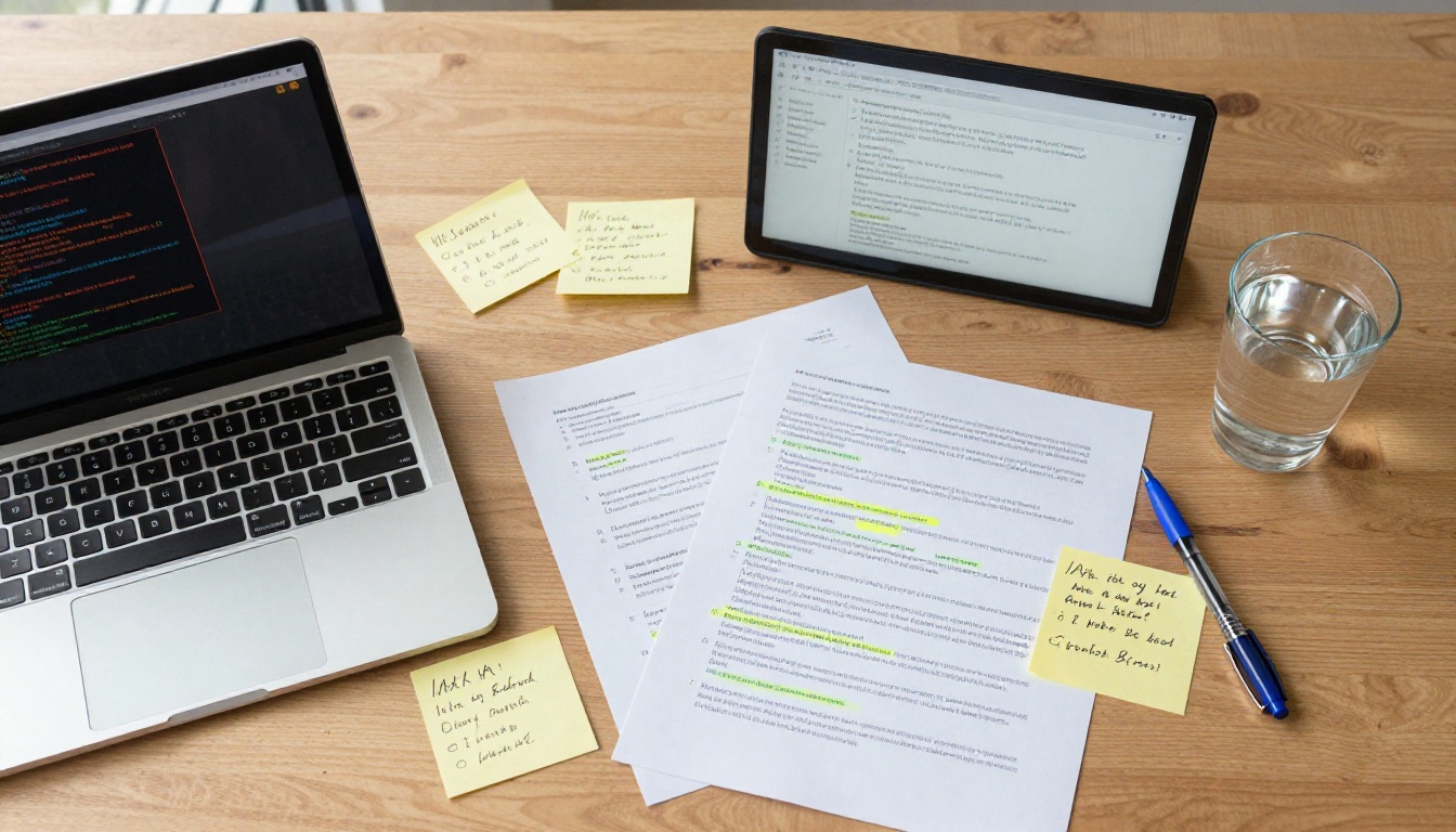 Overhead flat-lay of a developer's desk with a red error screen and handwritten API notes