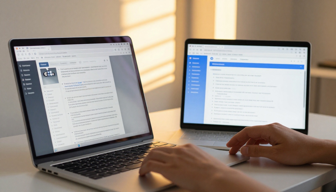 Two laptop screens side by side showing traditional search results versus a clean AI summary with bullet points Two laptop screens side by side showing traditional search results versus a clean AI summary with bullet points