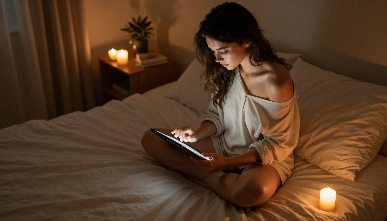 Young woman cross-legged on bed with tablet, oversized shirt off one shoulder, warm candlelight