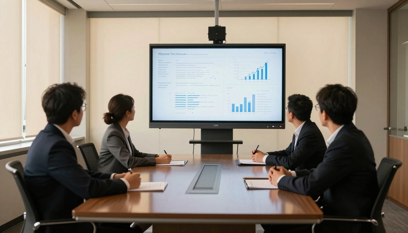 Researcher presenting data visualizations to colleagues in a glass-walled meeting room