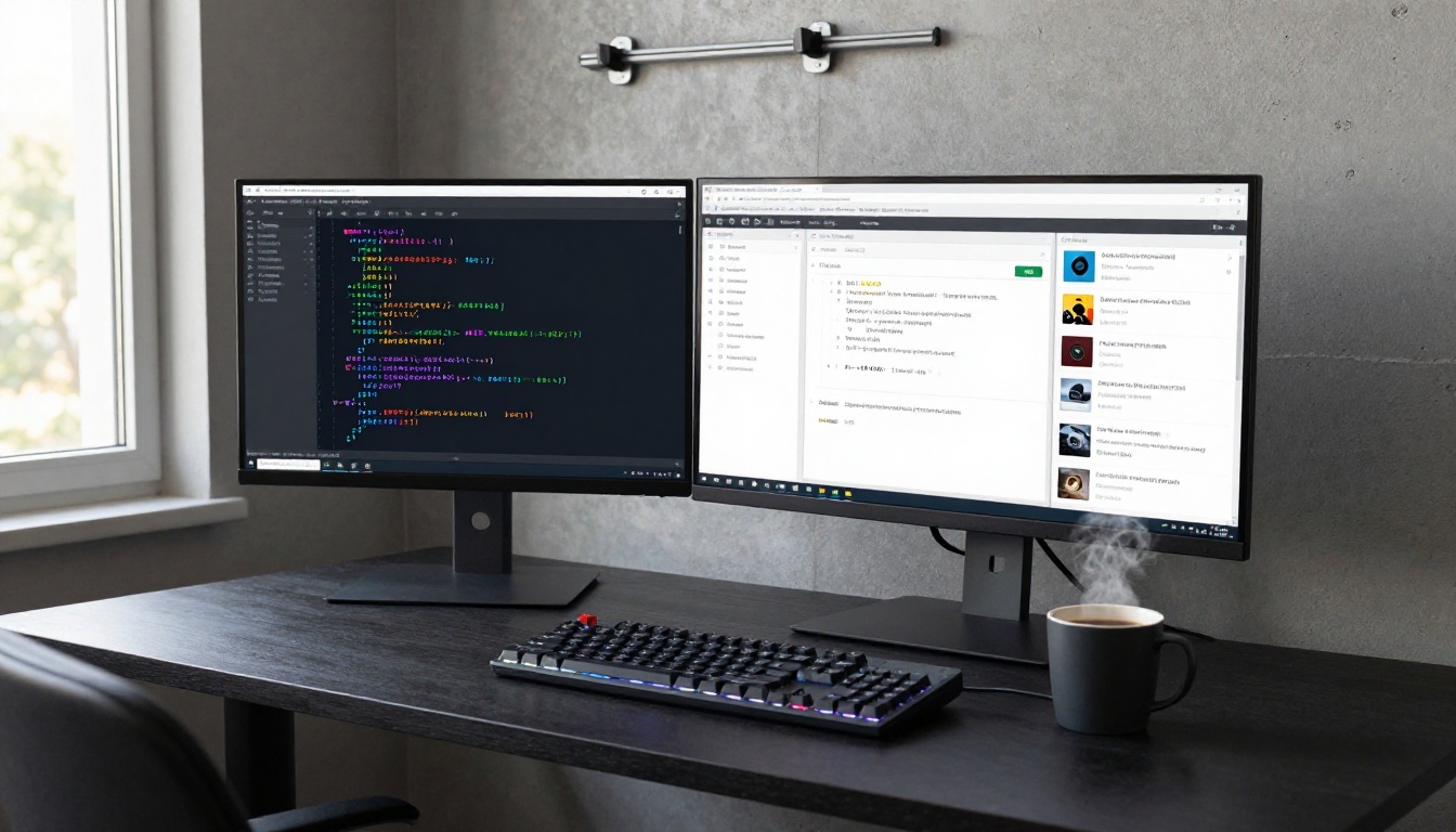 Software developer at standing desk with JSON structured data displayed on monitor