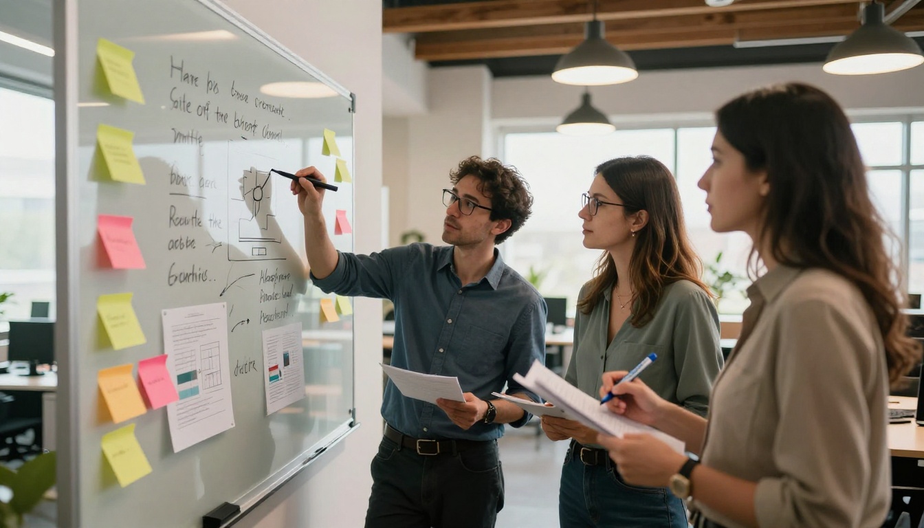 Three professionals collaborating around a glass whiteboard covered in handwritten research notes and sticky notes Three professionals collaborating around a glass whiteboard covered in handwritten research notes and sticky notes