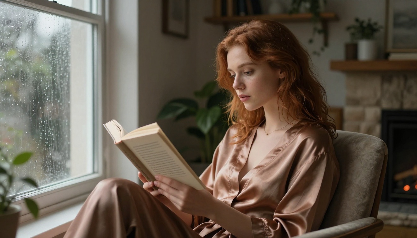 A young woman in a silk robe reading a novel by a rain-streaked window A young woman in a silk robe reading a novel by a rain-streaked window