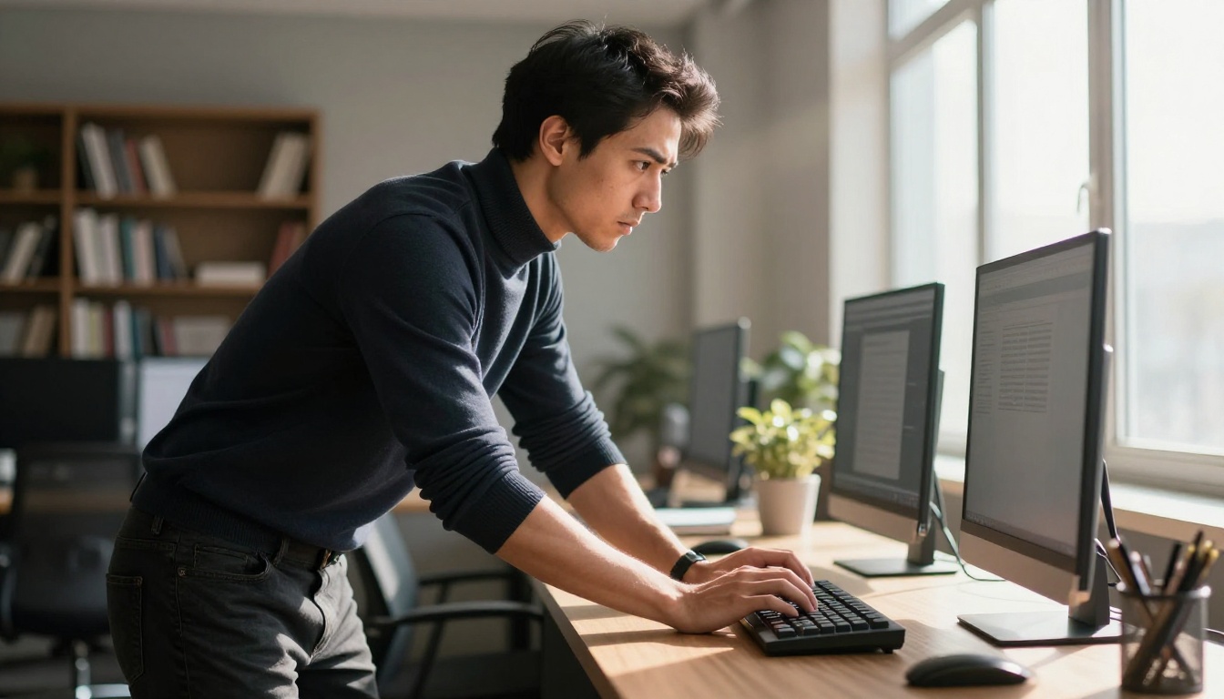 Man at standing desk with intense focus, dark turtleneck, sharp morning light from right window