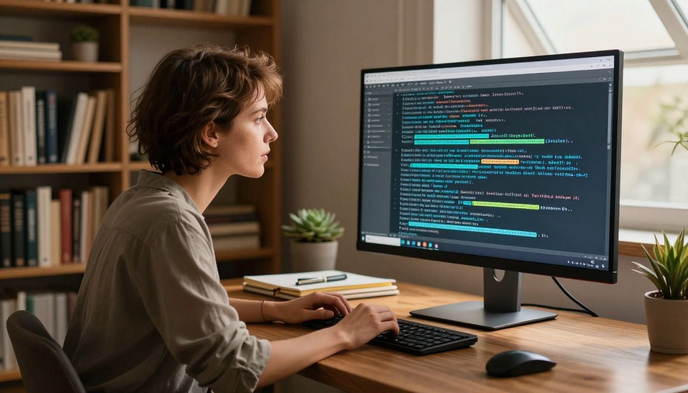 Creative professional woman at curved desk with rich AI reasoning responses visible on ultrawide monitor