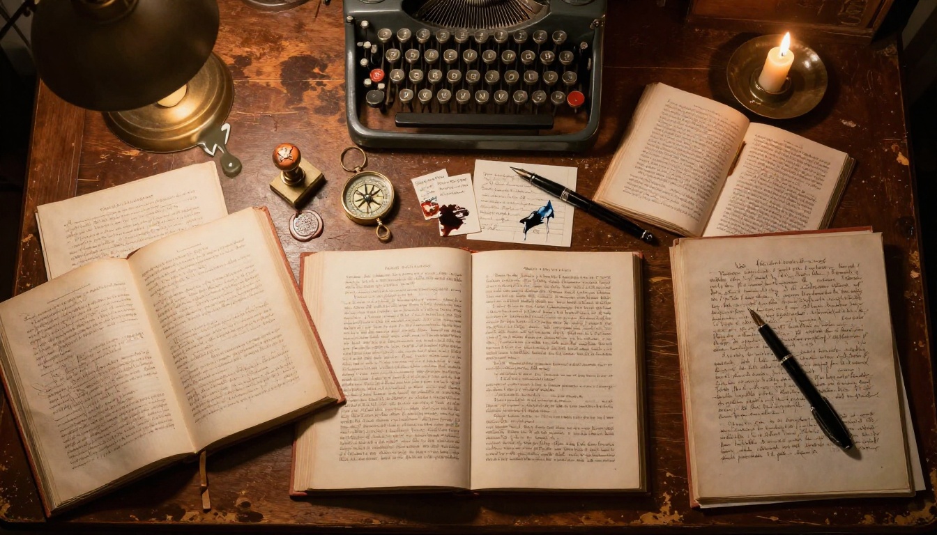 Aerial flat-lay of an antique desk with manuscripts, fountain pens, and a typewriter Aerial flat-lay of an antique desk with manuscripts, fountain pens, and a typewriter
