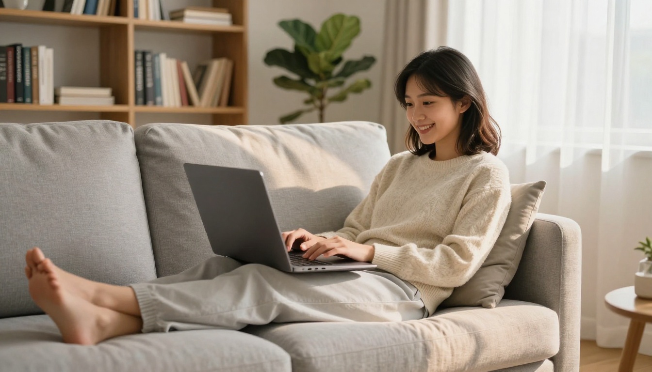 Person relaxing on a light gray sofa with a laptop, warm afternoon light through sheer curtains
