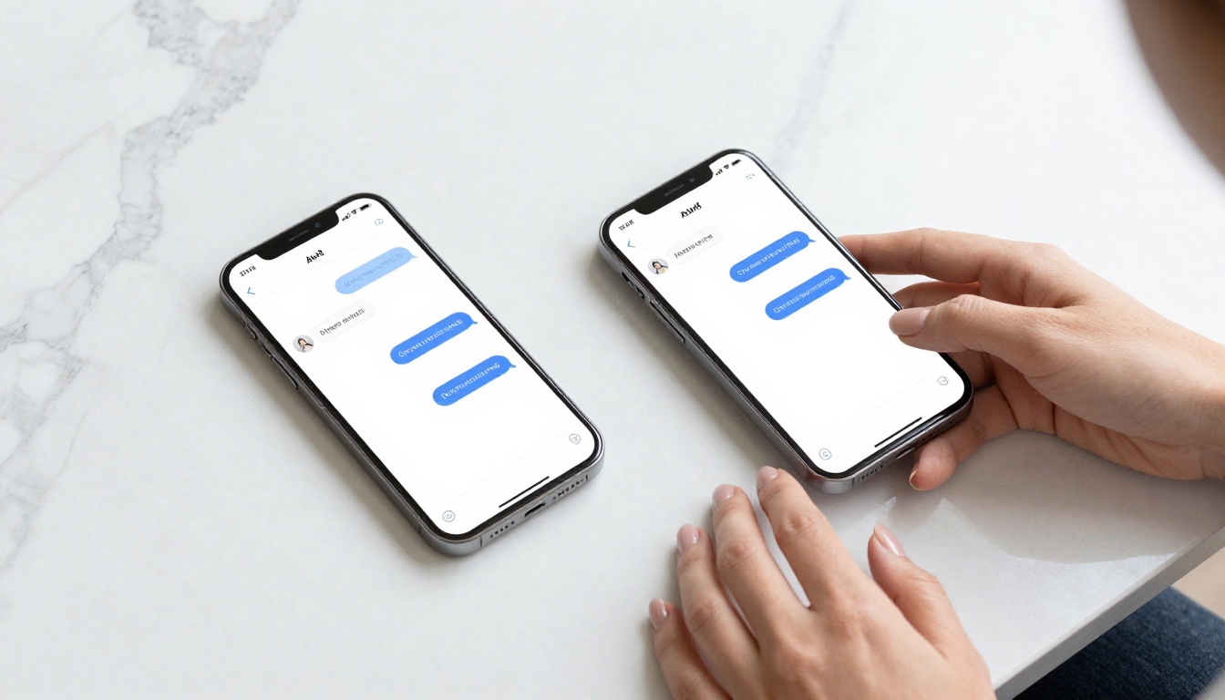 Two smartphones on white marble showing AI chat interfaces, elegant hand reaching toward screen