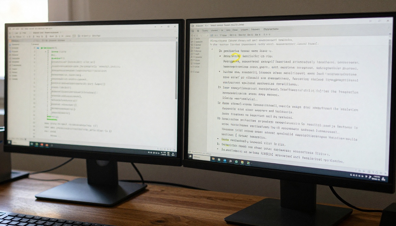 Two side-by-side monitors on walnut desk showing structured data output versus rich text response