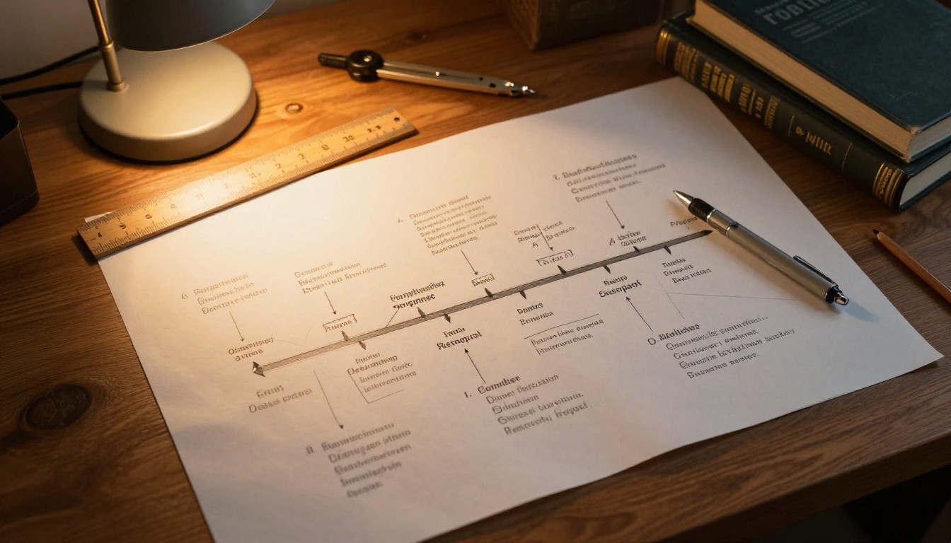 An analog paper timeline spread across a mahogany desk with ruler and reference books, lit by a warm desk lamp An analog paper timeline spread across a mahogany desk with ruler and reference books, lit by a warm desk lamp