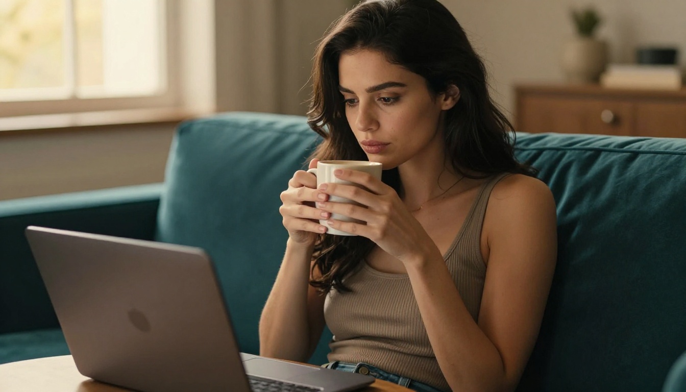 Attractive woman reclining on teal velvet sofa with coffee mug looking at laptop, golden afternoon light