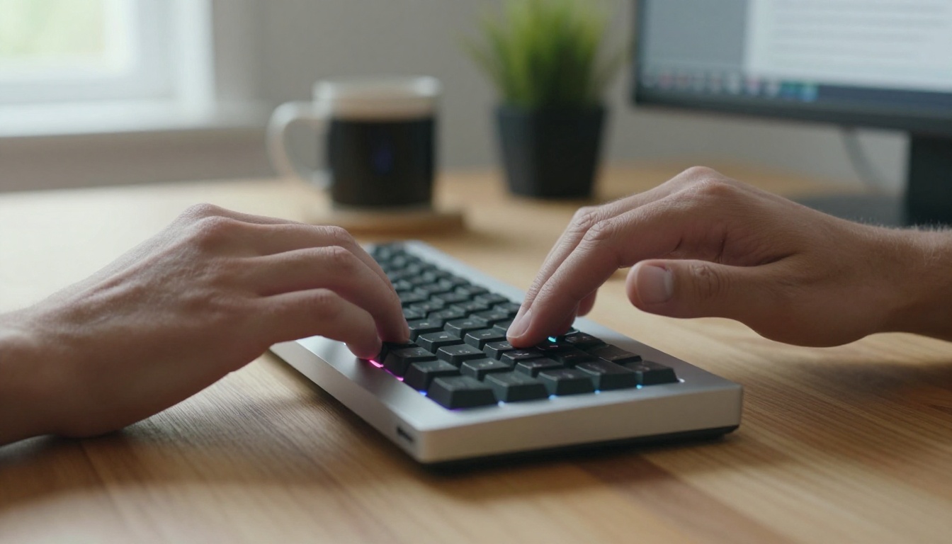 Close-up of fingers resting on a premium mechanical keyboard, natural window light Close-up of fingers resting on a premium mechanical keyboard, natural window light