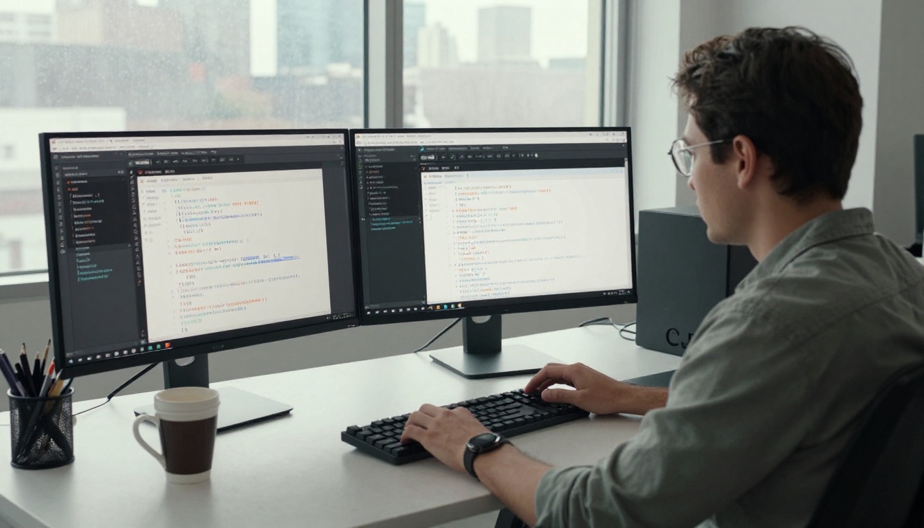 Male developer at corner desk in co-working space building an application with API data on dual monitors