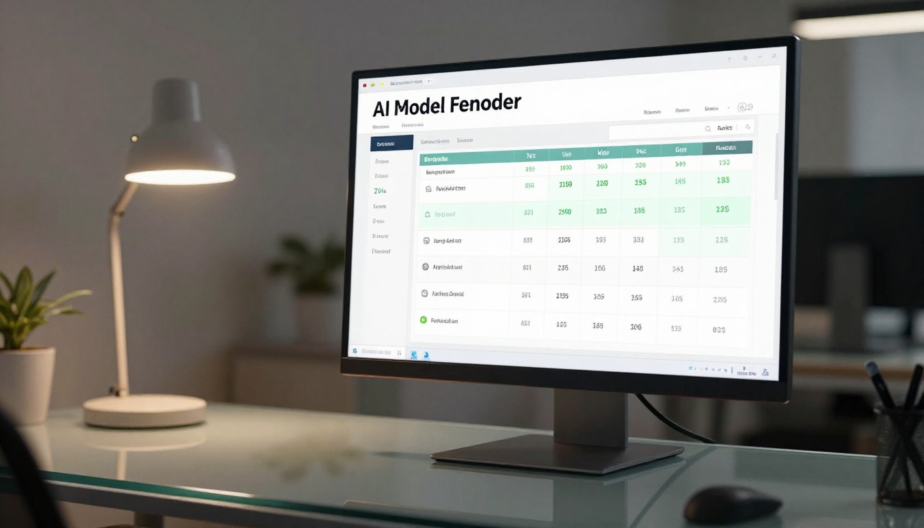 A monitor displaying a clean AI model performance comparison table in a minimalist office with glass desk A monitor displaying a clean AI model performance comparison table in a minimalist office with glass desk