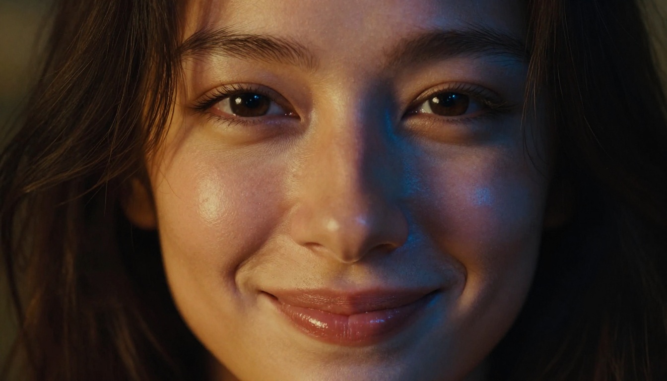 Close-up portrait of woman's face half in warm amber lamplight half in cool blue screen glow, dramatic chiaroscuro