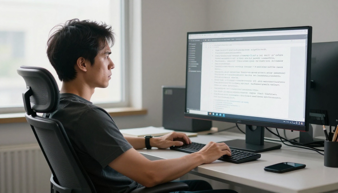 A developer leaning back with arms crossed, reading a wall of AI-generated text with a skeptical expression