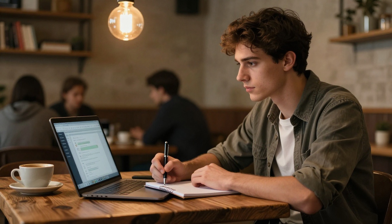 A young male researcher thinking thoughtfully at a cafe table with a laptop showing a GPT chat interface A young male researcher thinking thoughtfully at a cafe table with a laptop showing a GPT chat interface