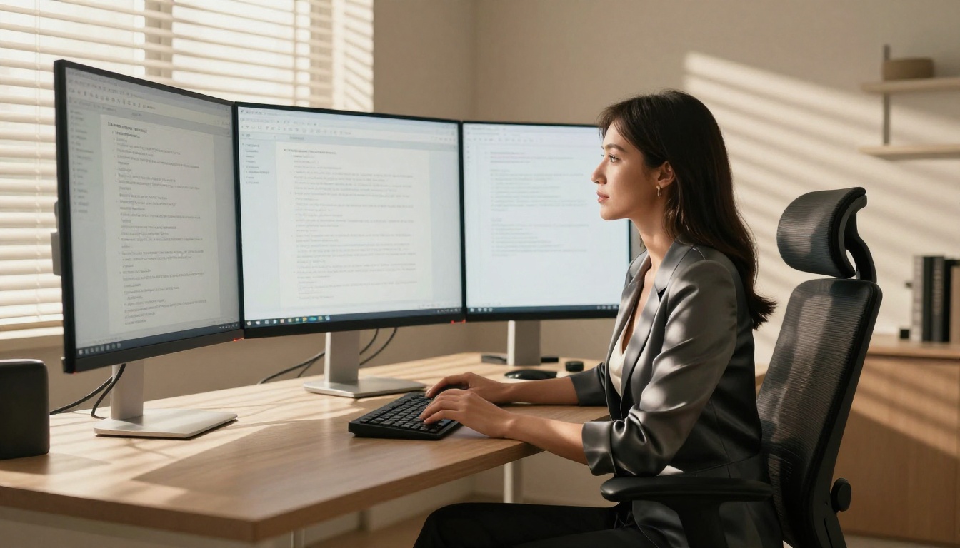 Woman in fitted blazer reviewing text on curved monitor, venetian blind shadow bars across desk