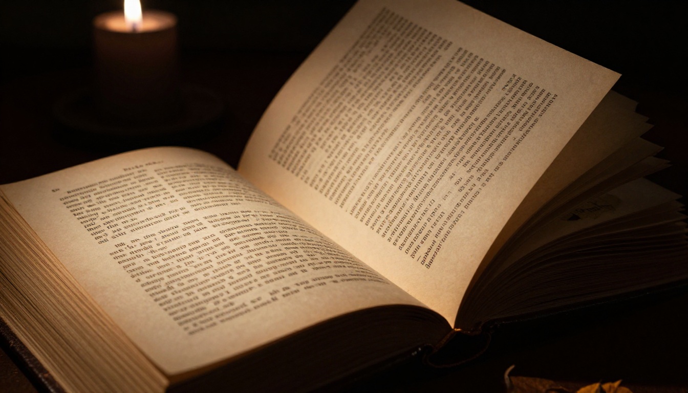 Dramatic close-up of aged book pages lit by a single candle, deep shadow Dramatic close-up of aged book pages lit by a single candle, deep shadow