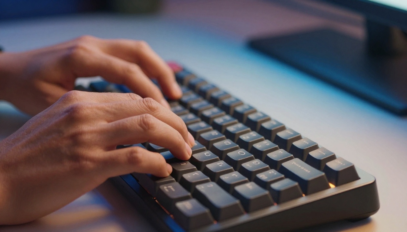 Extreme low-angle close-up of hands typing on a mechanical keyboard with warm amber backlight and monitor glow Extreme low-angle close-up of hands typing on a mechanical keyboard with warm amber backlight and monitor glow