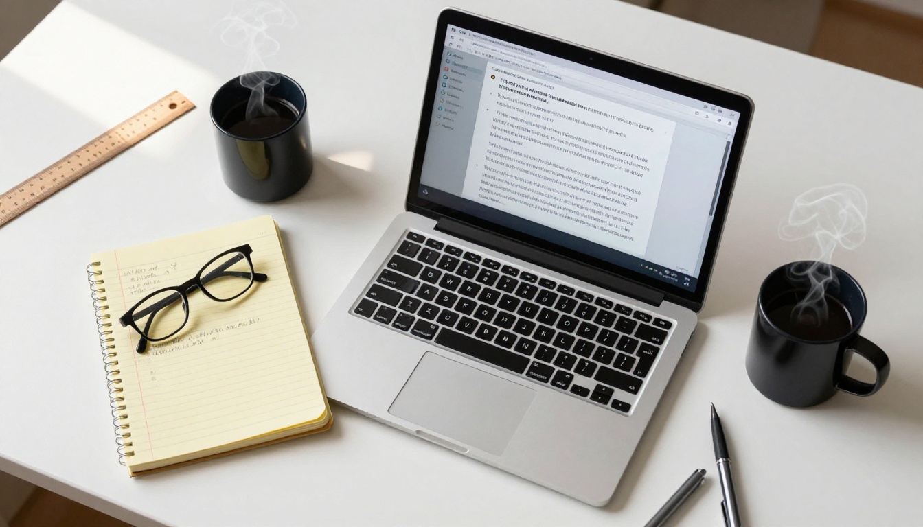 Overhead flat-lay of desk workspace with MacBook showing AI chat interface, notepad with handwritten notes, and coffee