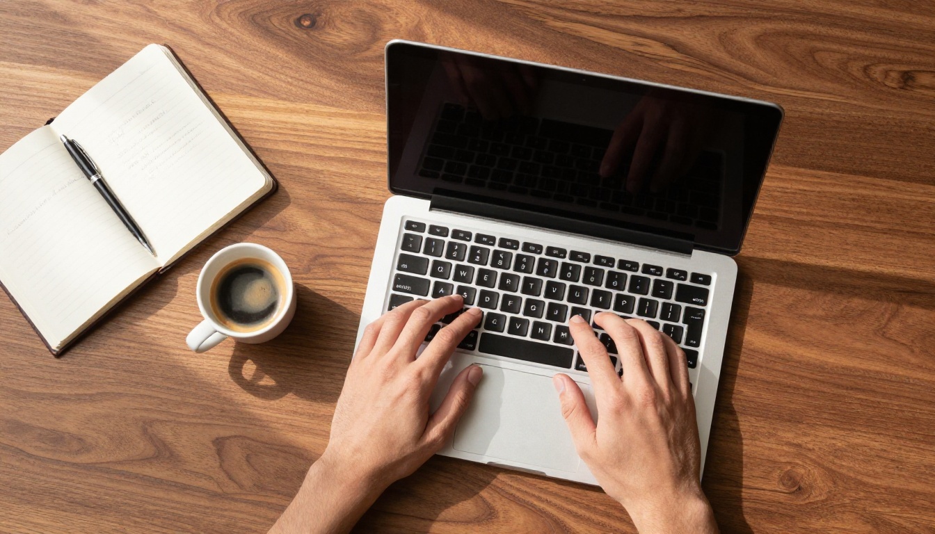 Overhead flat-lay of hands typing on white laptop on dark walnut table, espresso cup and notebook beside