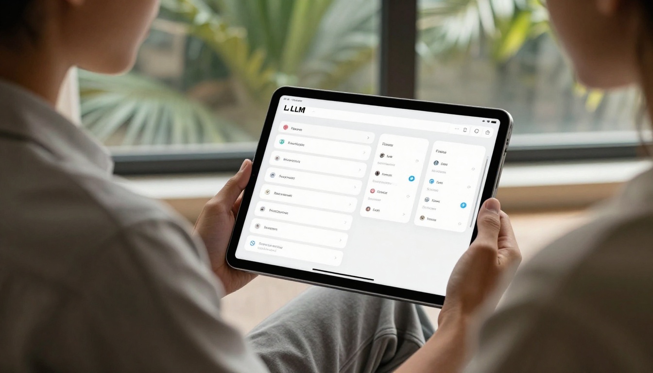 A person holding a tablet displaying an AI model selection interface near a window with morning daylight A person holding a tablet displaying an AI model selection interface near a window with morning daylight