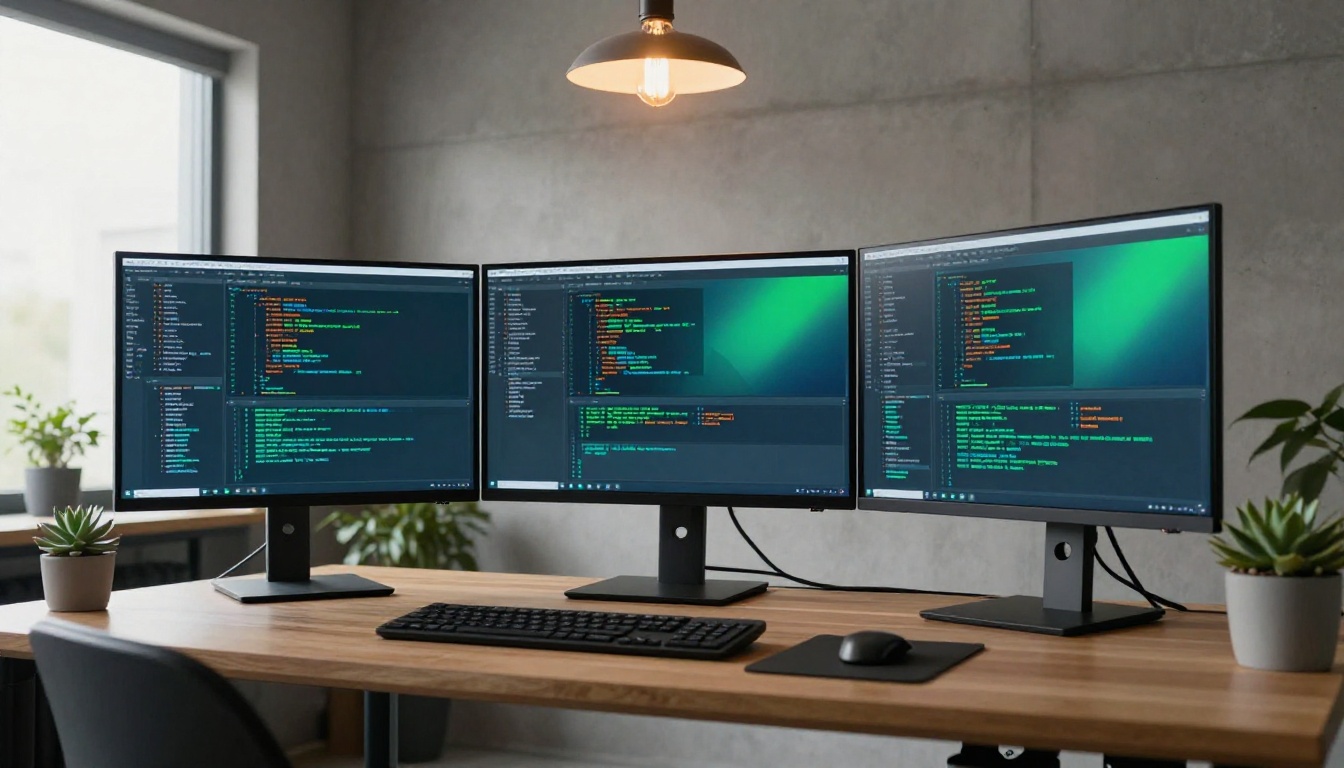 Three vertical monitors with syntax-highlighted code in modern developer workspace Three vertical monitors with syntax-highlighted code in modern developer workspace