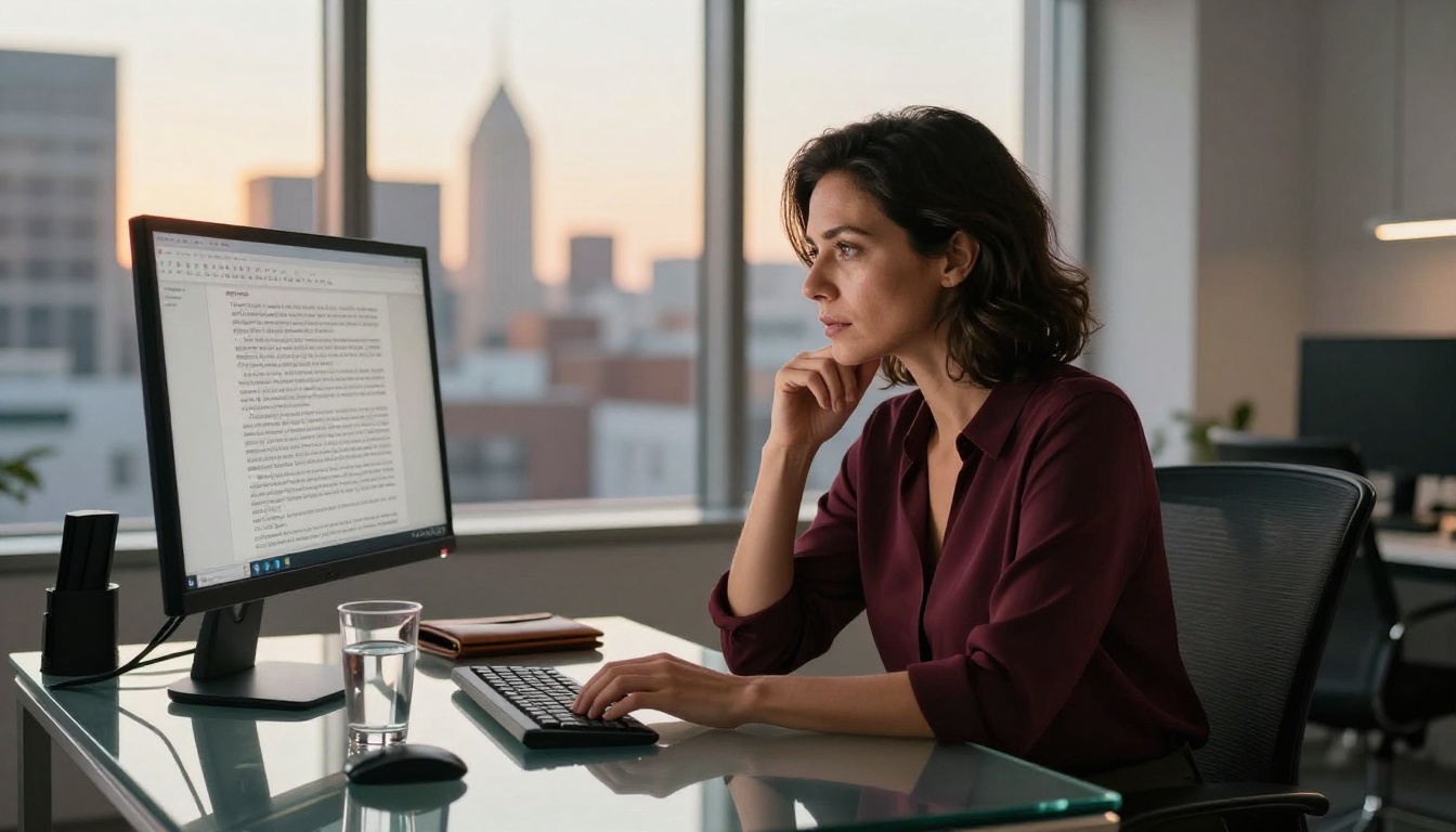 A woman in a burgundy blouse reviewing text on a widescreen monitor at golden hour A woman in a burgundy blouse reviewing text on a widescreen monitor at golden hour